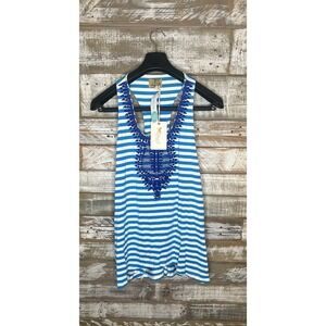 Le‎ Sample womens Kahlo Embroidered Racerback Tank Striped Turquoise L